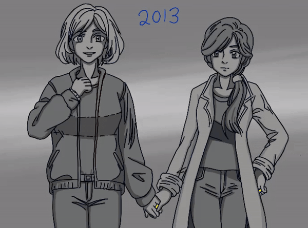 Ashley and Mia in greyscale holding hands as ashley smiles and mia looks worried, only their matching wedding rings in color, 2013 written on image, gif shifts to ashley alone on a darker background with no light in her eyes, this image reads 2014