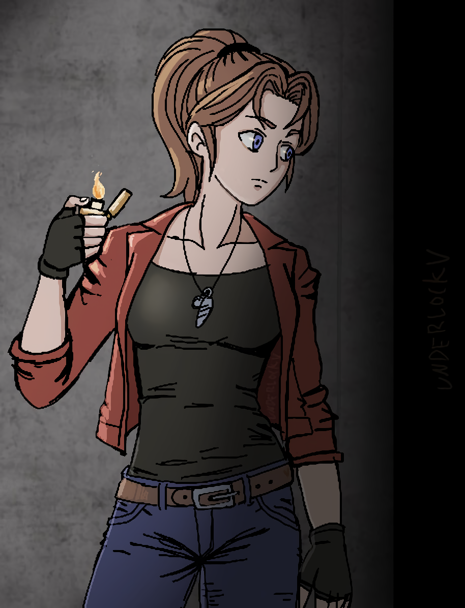 Claire Redfield with her back to a wall as she holds up a lighter to look into a dark doorway