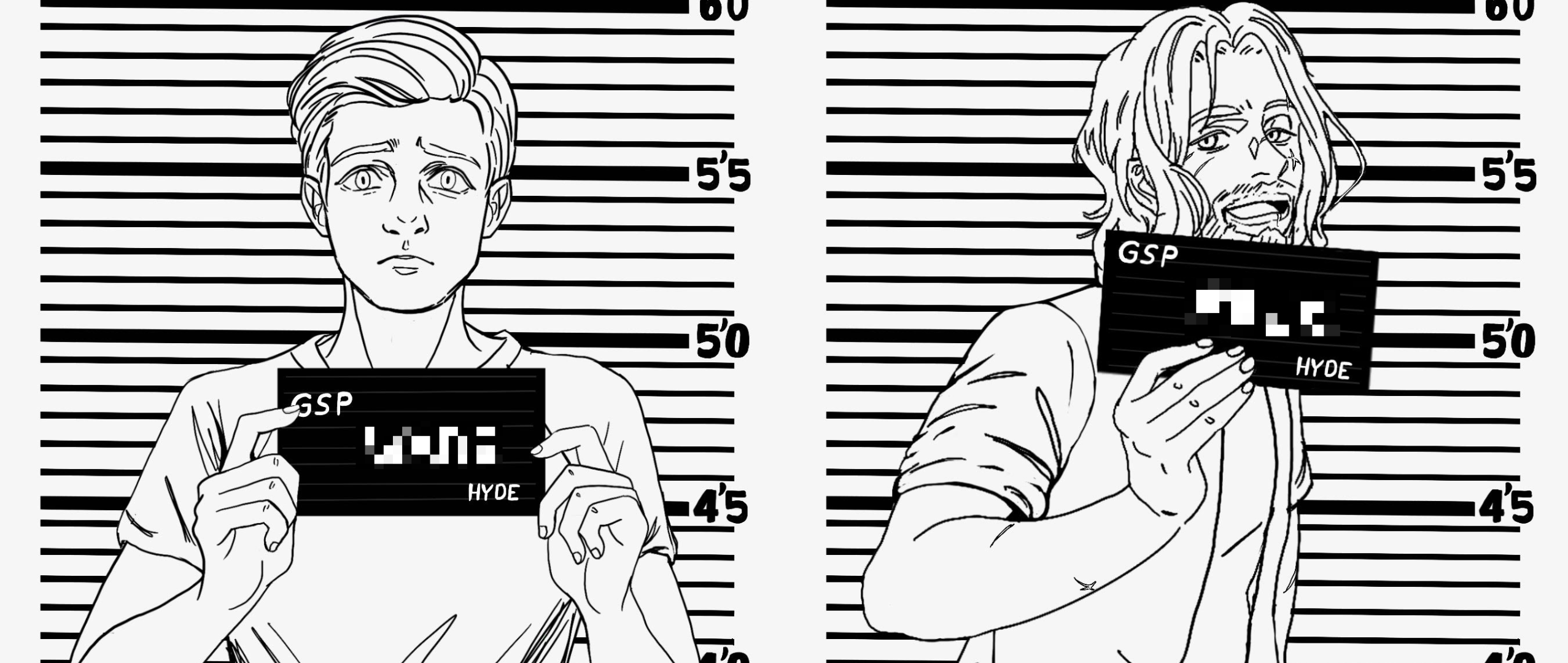 Barbie The Movie mugshot meme plain lined sketches of Ethan Winters and Karl Heisenberg, meant to be Ethan and Karl from the fanfic All I Need is Some Sunshine by Hocus