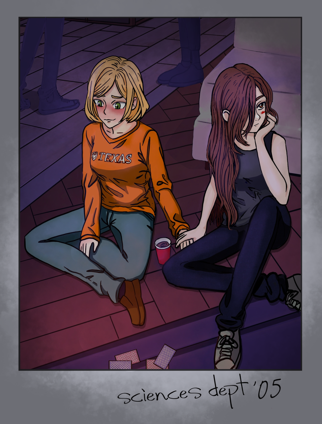 Drawing of a polaroid picture of Ashley Graham holding hands with Mia RE7 at a college party, sciences dept '05 is written on the bottom of the picture