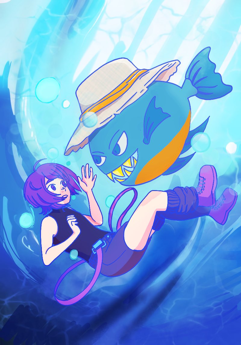 Art of underlockV sinking in water as a giant fish (hocus farmersquall) in a strawhat descends