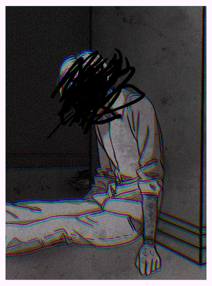 Drawing of ethan winters in black and white sitting with his back against the wall in a defated posture with a lot of static overlays and his face crossed out in black marker. in the background you can see part of a lifeless hand on the ground half behing a wall
