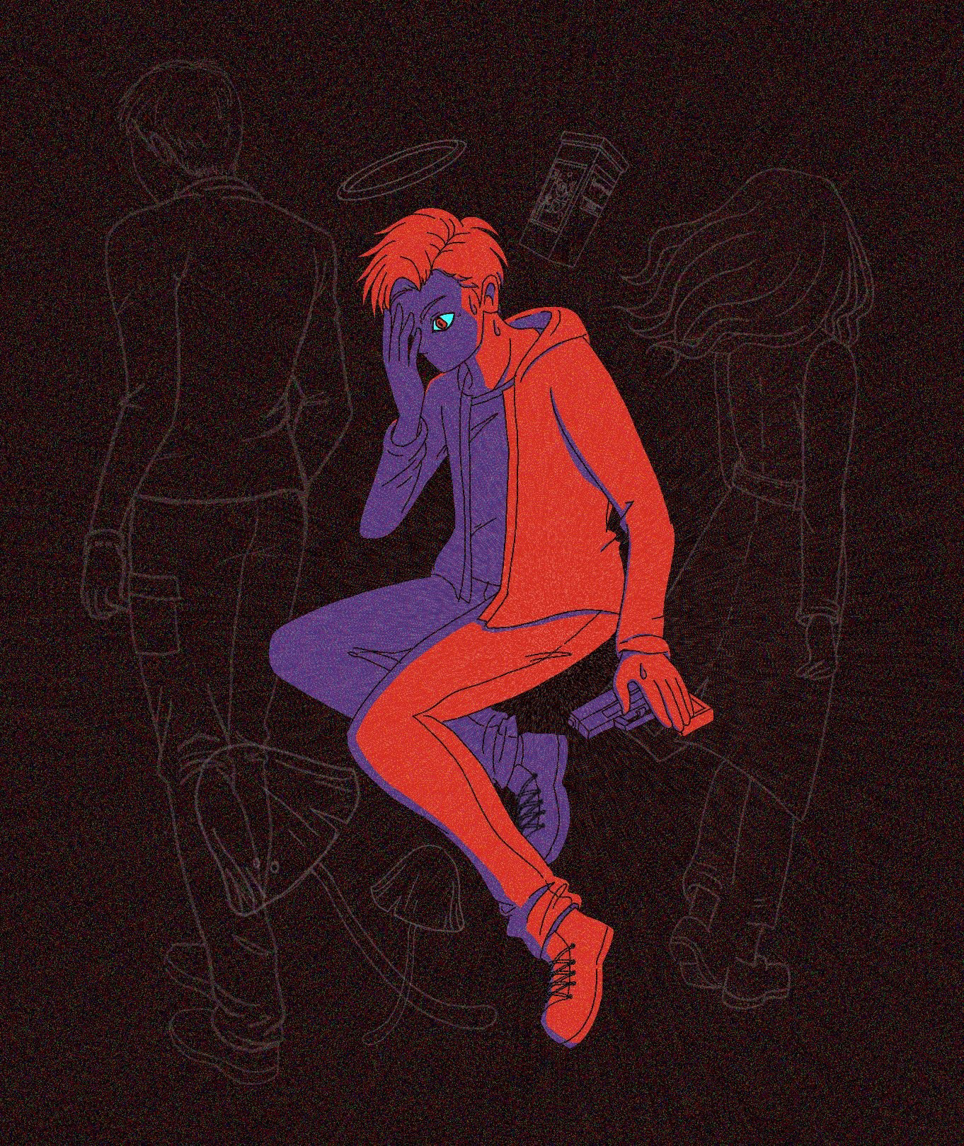 Ethan Winters stylized in reds and purples (cyan eyewhites) with one hand over his mostly shadowed face as his other hands hovers over a gun, static textured black background with outlines in white of chris redfiled and mia winters with their backs turned on him. other background outlines of mushrooms and one of rose's jars and halo over his head