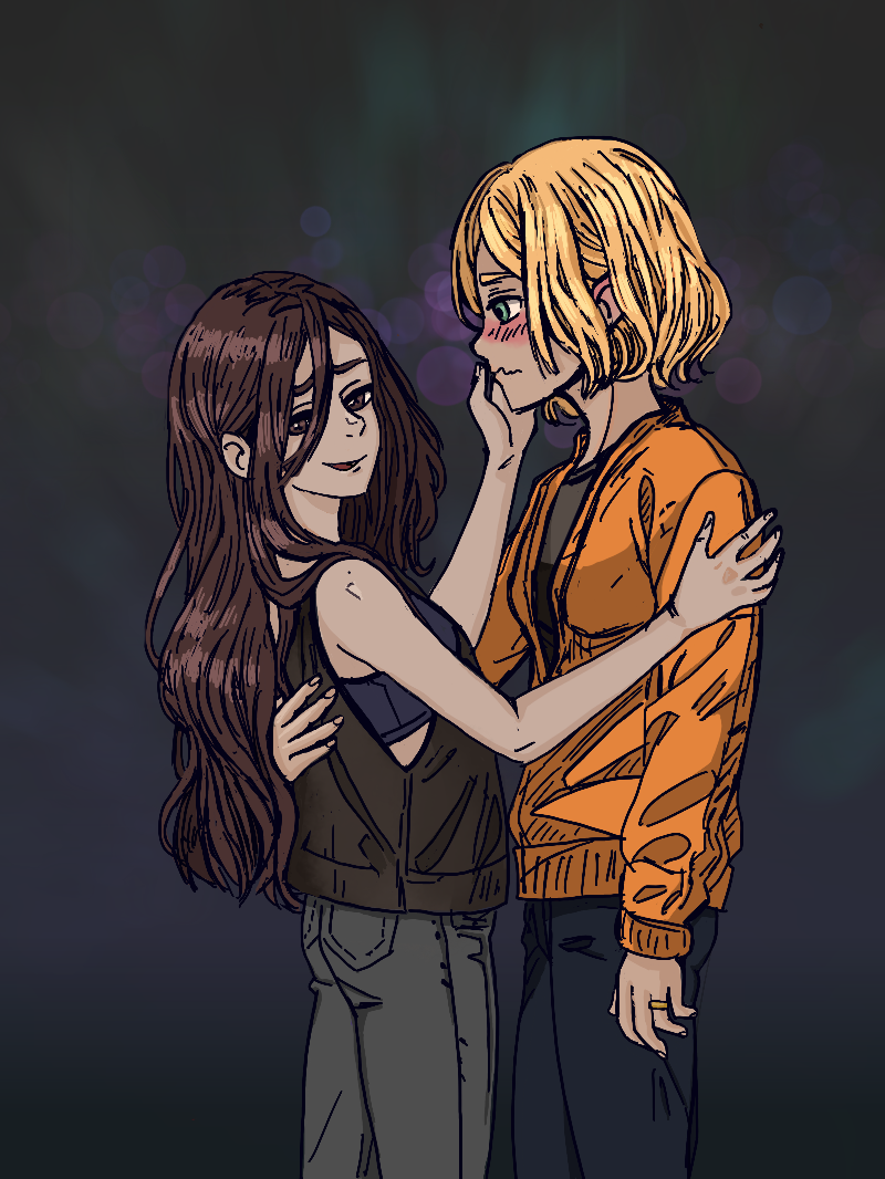 Drawing of Mia and Ashley holding each other as Ashley looks longingly at Mia and Mia smirks at the camera, meant to be taken just after a proposal