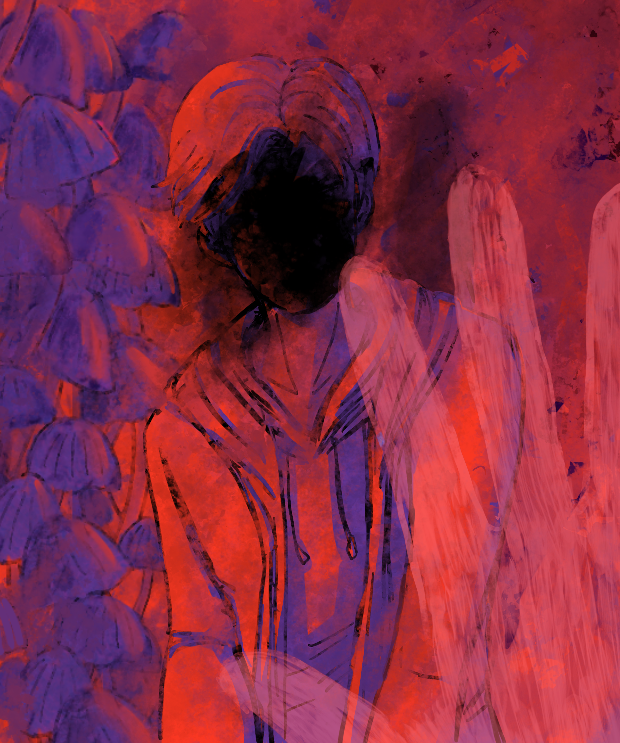 Mostly red and a bit purple image of ethans winters with a face in shadow with a background of mushrooms down the left side. a hand in the forground is held up as if in self defense.