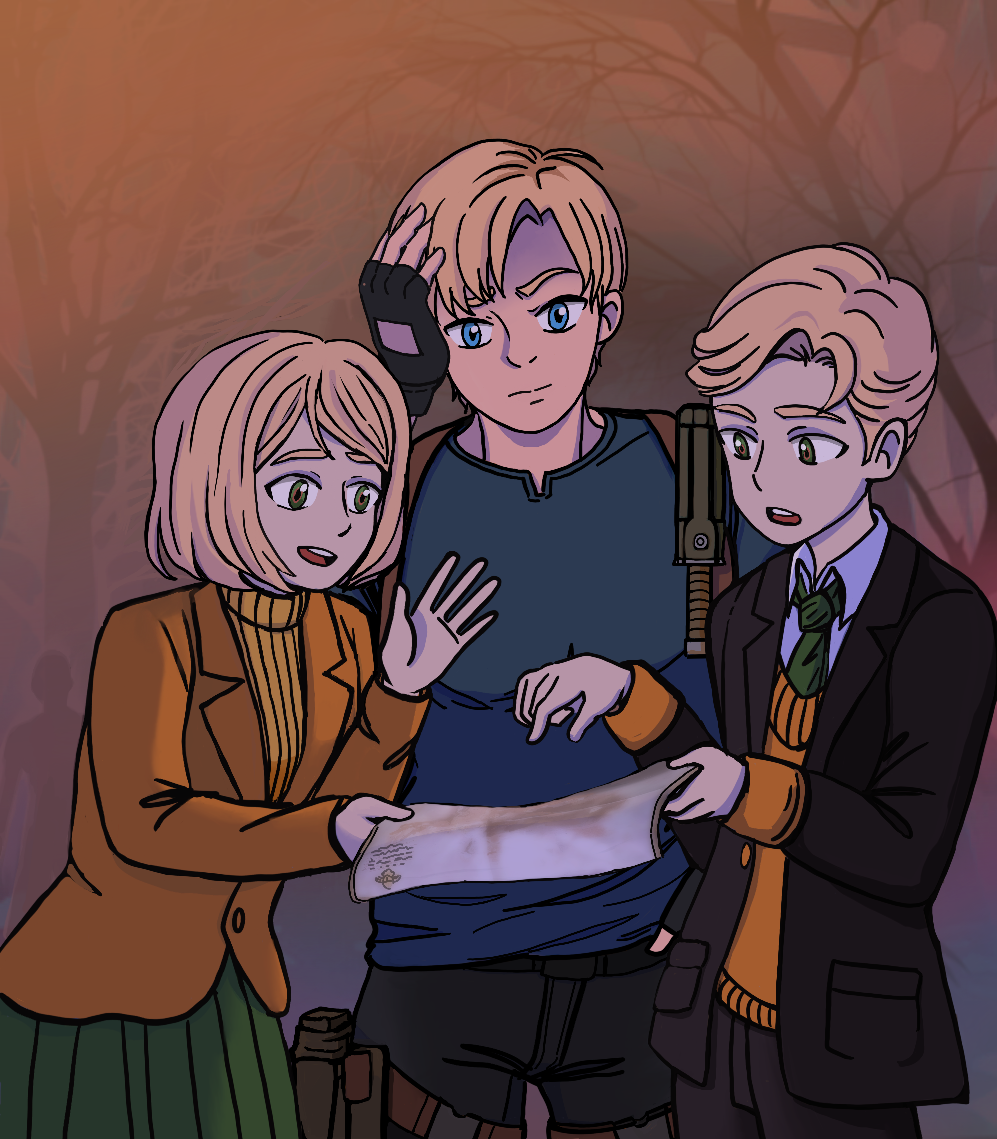 drawing of young ethan winters and ashley graham stand in front of leon s kennedy reading a map in the woods as dark silhouettes sneak up behind them, this is also an image from the twins au (ethan and ashley were canonically born the same year)