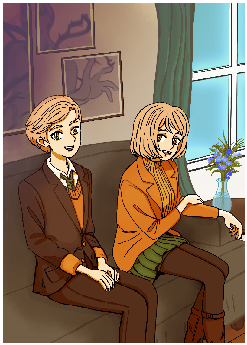 Drawing of early 20s ethan winters and ashley graham sit on a sofa in a room in the white house in this au ethan is Ethan Graham and he and Ashley are twins and the president's children