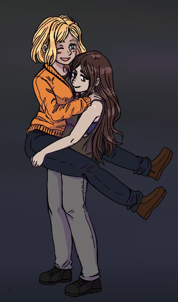 Mia holding up ashley in her arms in a yuri meme redraw image, directly proceeding the proposal